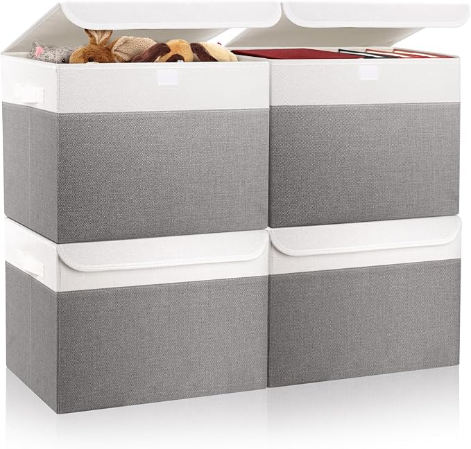 Bagnizer Large 22 Quart Linen Fabric Foldable Storage Bin Cube Organizer Basket with Flip-Top Lid & Handles, Clothes Blanket Box for Home, Office, Closet, Gray & White, 4 Pack 14.6 x 9.5 x 9.5”