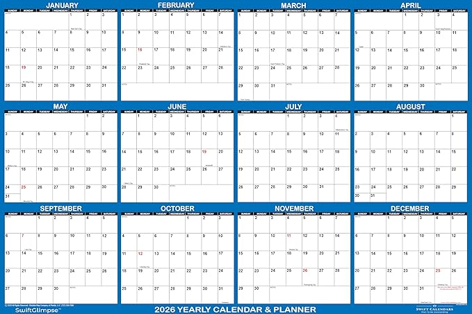 32" x 48" SwiftGlimpse 2026 Wall Calendar Erasable Large XL Wet & Dry Erase Laminated 12 Month Annual Yearly Wall Planner, Reversible, Navy