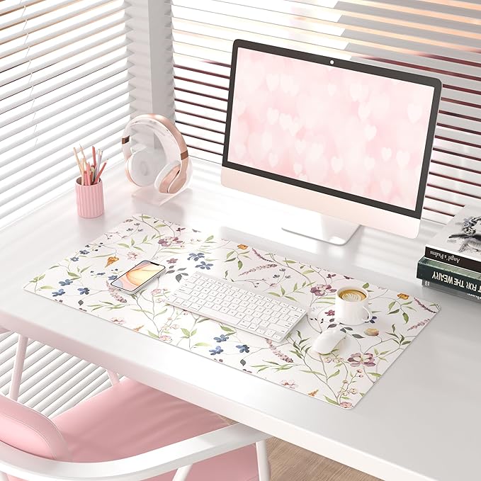 QIYI Floral Mouse Pad, Large Desk Mat for Desktop, Women Girls Watercolor Flowers Office Décor Desk Accessories, PU Leather Waterproof Gaming Mousepad, Wildflowers Desk Pad Computer Mat, 31.5" x 15.7"