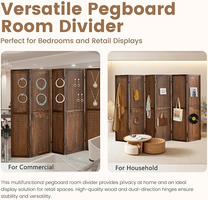 Aleesing 6 Panel Pegboard Display with 24 Hooks,Partition Room dividers, Wooden Room Divider Wall and Folding Privacy Screens, Pegboard Room Divider, Bedroom, Balcony, Dark Brown