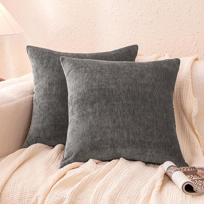 Amazon Basics Chenille Throw Pillow Covers, Home Decor Cushion Cover for Bedroom Living Room Couch Bed, 20" W × 20" L, Dark Gray