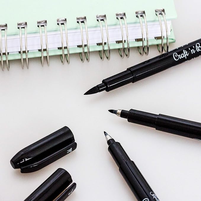 Craft 'n' Beyond Calligraphy Brush Pens Pack of 3 Small, Medium and Large Markers for Hand Lettering, Art Drawing, Sketching, Scrapbooking, Writing, Journaling - Beginner Kit with Fadeproof Black Ink