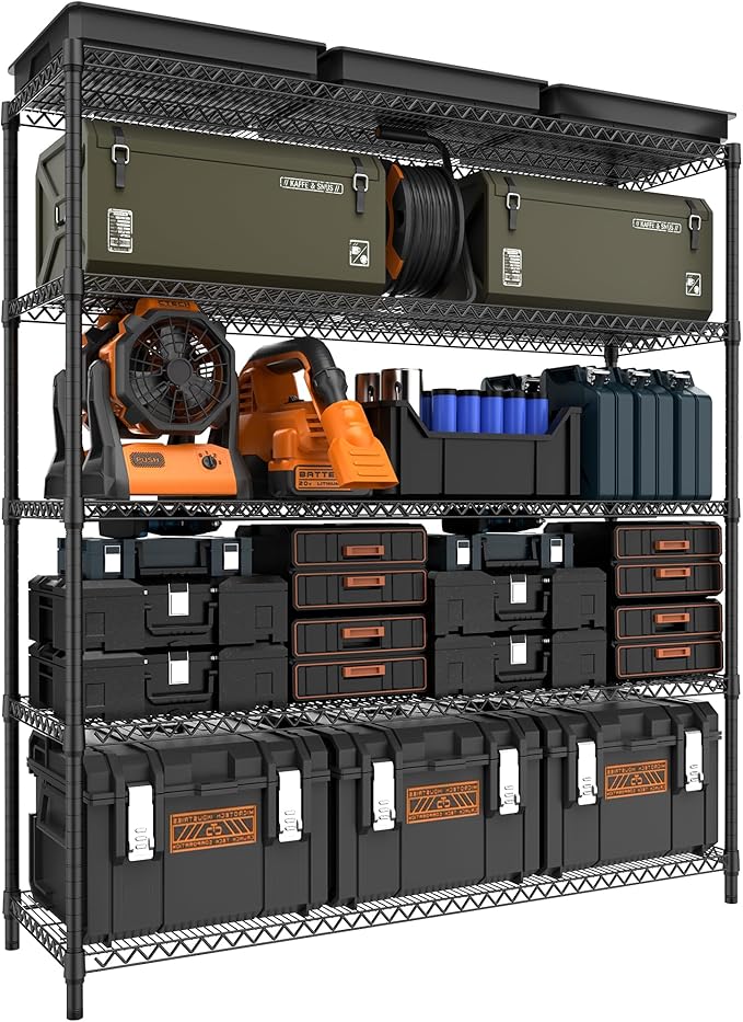 M MZG 5 Tiers Storage Shelves Load 3300LBS, Metal Shelving Wire Metal Shelving Unit Shelves for Storage Adjustable Garage Shelving for Pantry Kitchen Garage Black 17.7" D x 59.1" W x 70.4" H