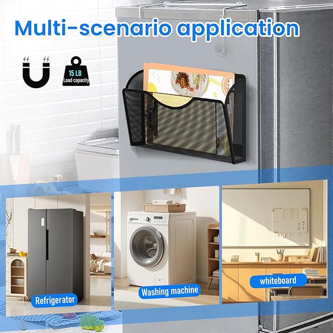 KZWKRG 6 Pack Magnetic File Holder, Magnetic Pocket Wall File Holder, Mesh Wall Paper Organizer, Vertical Mail Basket, Storage Organization Magazine Rack for Office, Home and School