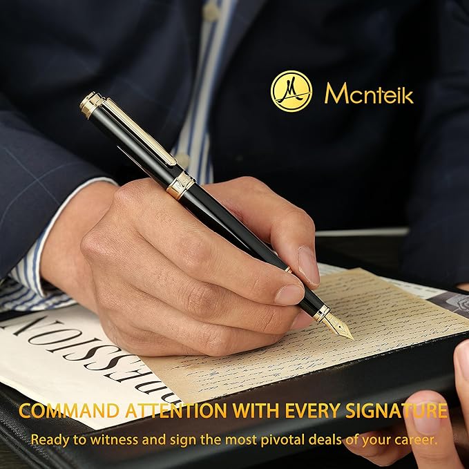 MCNTEIK 317 Fountain Pen,Stunning Luxury Black Piano Lacquer,18K Gilded Nib(Fine),Gorgeous 24K Gold Finish, Ink Converter,Fancy Gift for Men&Women-Elegant,Executive,Office,Nice Pens for Writing