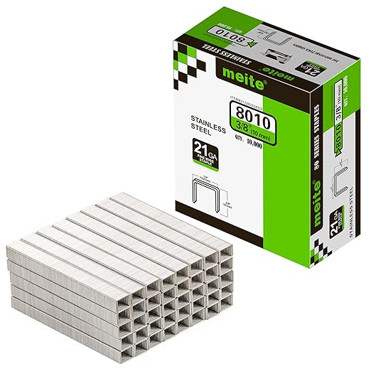 meite 21 Gauge 1/2-inch Crown Upholstery Staples, 304 Stainless Steel with 3/8-inch Leg Length, Heavy Duty Staples for Staple Gun MT8016 (10,000 Counts)
