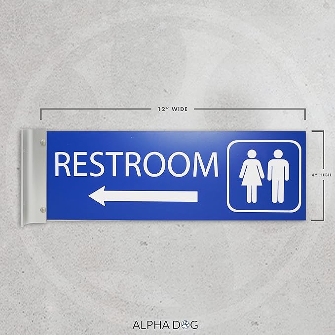 ALPHA DOG SIGNS Corridor Projecting Hallway Bathroom Sign, Left Arrow, 4"x12" Double Sided, Indoor/Outdoor, Easy Install, Durable Business Wayfinding Plaque, USA-Made (Blue)