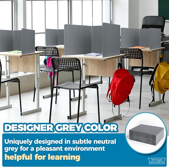 20-Pack Desk Dividers for Students - Durable & Waterproof Plastic Privacy Shield Divider, Classroom Folders Teacher Supplies, Easy-to-Clean Plastic Study Carrel Folder Boards for Student Desks, Grey