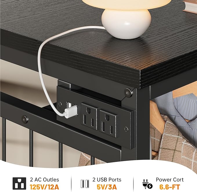 EnHomee 49.2" W Dresser for Bedroom with Hanging Rack 6 Drawers Dresser with LED Lights & Charging Station, Fabric Dressers & Chest of Drawers with 4 Hooks, Wooden Top, Grid Panel, Black