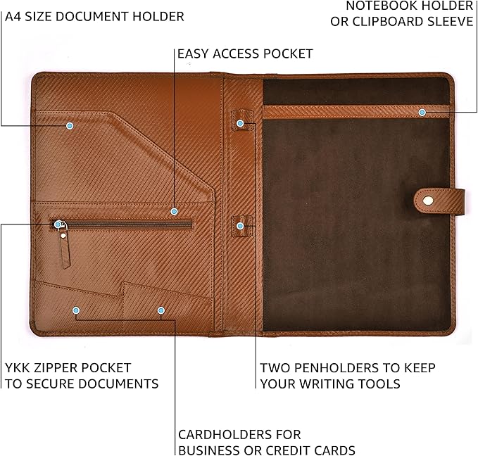 LEATHER VILLAGE Portfolio Professional Organizer – Carbon Fiber Genuine Leather Padfolio Resume Folder for A4 Letter Pad with Pen Holder, Business Card Slots & Writing Pad – Ideal for Men & Women-Tan