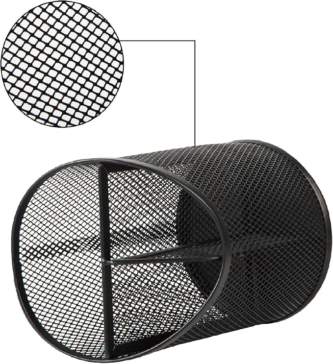Delifox 2 Pack Pen Holder Mesh Round Pencil Holder Desktop Organizer 3 Compartments, Black