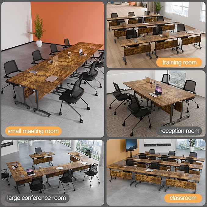 Folding Conference Table 4ft 5ft, Foldable Office Meeting Desk for 6 People, Multiple Sizes Colors Mobile Conference Room Table for Training Room School Business Furniture (2, Brown, 47in)