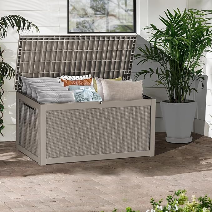PATIOEASY Outdoor Storage Box 320GAL Waterproof Resin Deck Box,UV-Resistant Lockable Delivery Bin for Garden Tools,Large Patio Outside Cushions,Pool Accessories Supplies,Chest,Furniture,Package,Grey