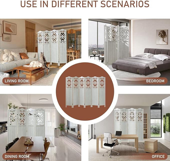 ALeesing 4 Panel Room Divider Fully Assembled, Carved Room Dividers and Folding Screens, 5.6Ft Wood Room Divider Screen Freestanding Partition Wall Dividers for Home Bedroom Office, Rustic White