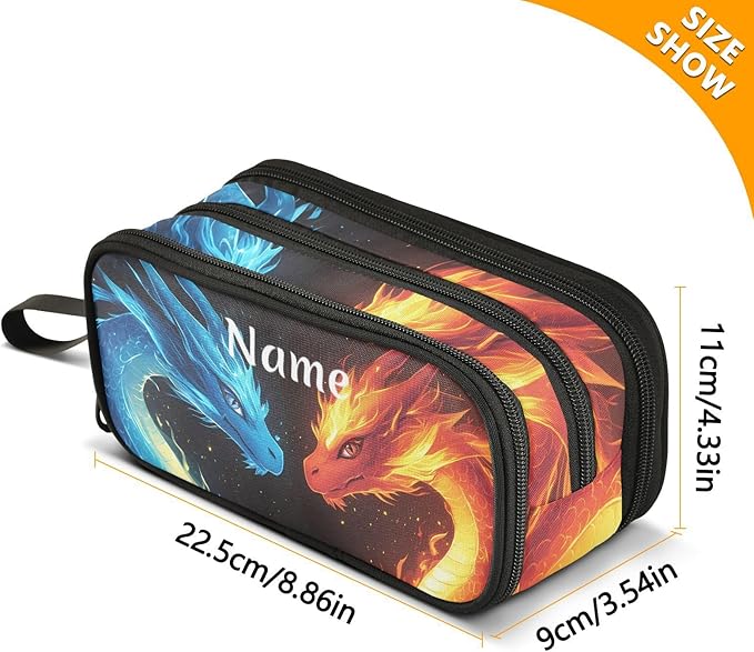 BOENLE Custom Dragons Red Blue Fire Eyes Pencil Case Box Boys Girls Personalized Name Large Pencil Pouch Stationery Pen Bag Organizer for Kids Adults School Office
