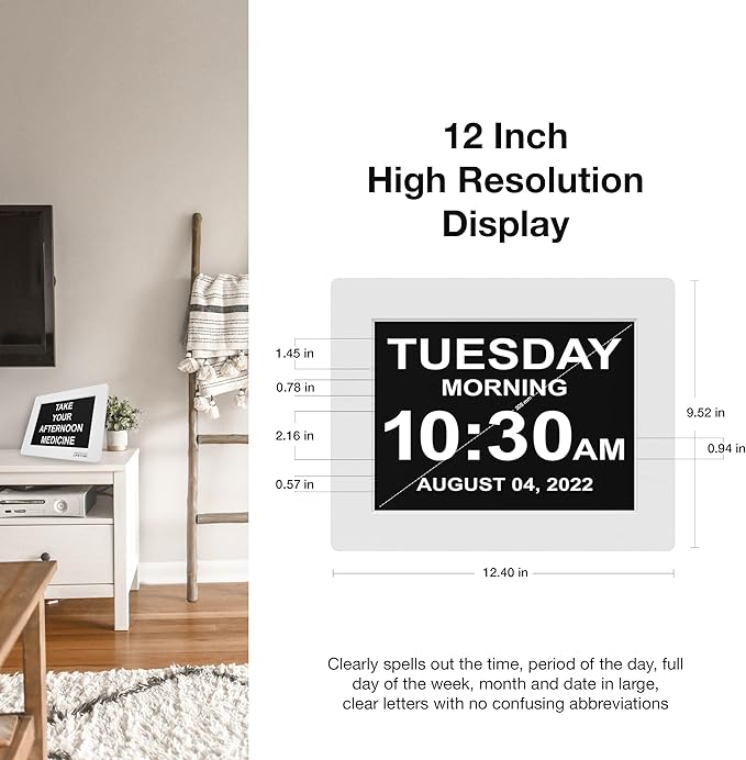 American Lifetime New 2026 Dementia Clock Large for Seniors, Digital Clock Large Display with Custom Alarms, Clock with Day & Date for Elderly, Number Digital Clock 12 Inches White