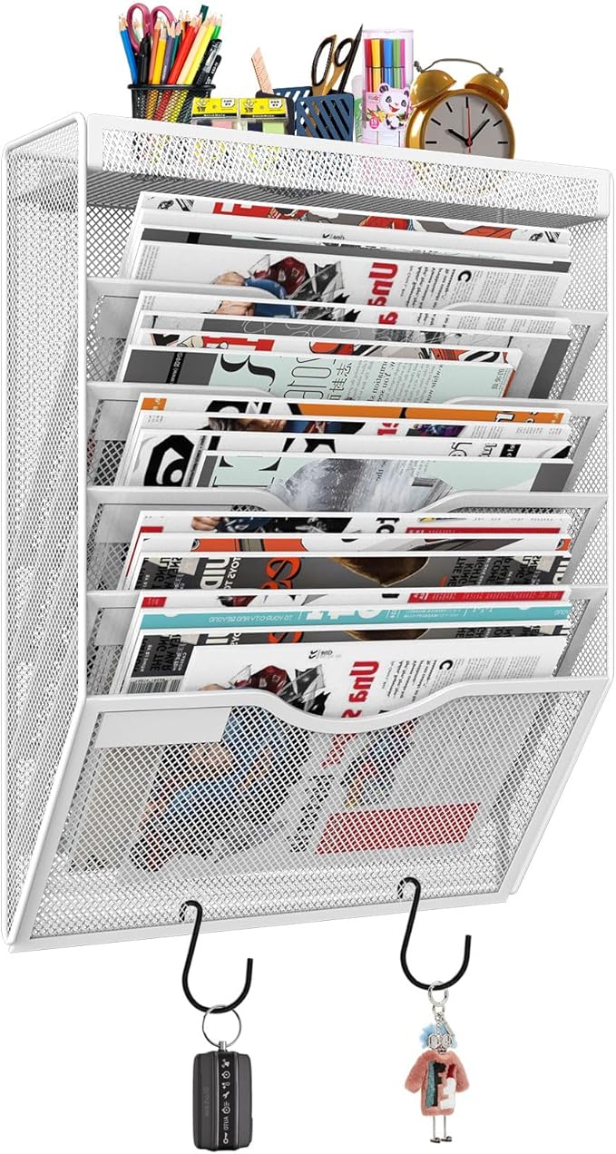 KZWKRG 6 Tier Wall File Organizer Hanging Vertical File Organizer, Wall Mounted Mail Paper Document Folder Holder, Mesh Magazine Rack Mail Document Organizer for Office School Home