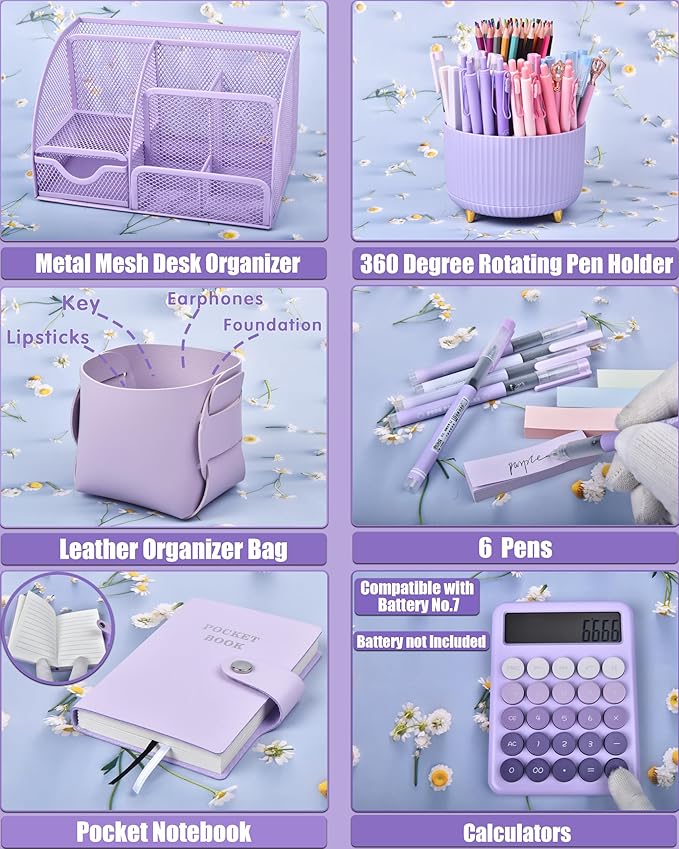 LXEVIHK 21Pcs Purple Desk Organizers and Accessories With Mesh Desk Organizer and 360°Rotating Pen Holder and a Lot of Office Purple Office Supplies Beautifully Presented in a Gift Box