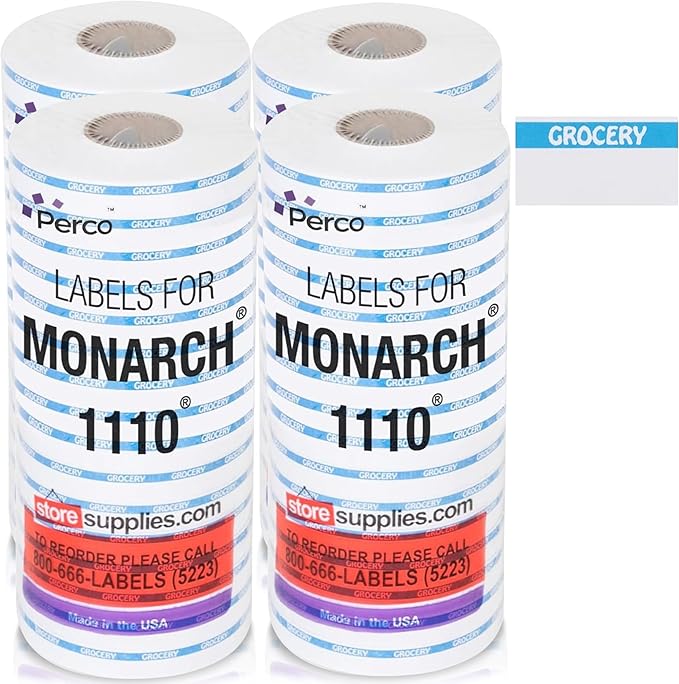 Perco Blue Reverse Print on White Grocery Labels to fit Monarch 1110 Price Gun, 4 Sleeves - 68,000 Labels