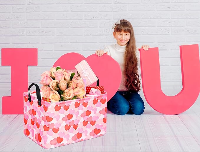 FUULOXE Rectangular Valentines Basket Storage Bin for Shelves Girls Gifts Baskets Foldable Box with Handles for Home Office Car Dormroom Valentine's Day Party Supplies