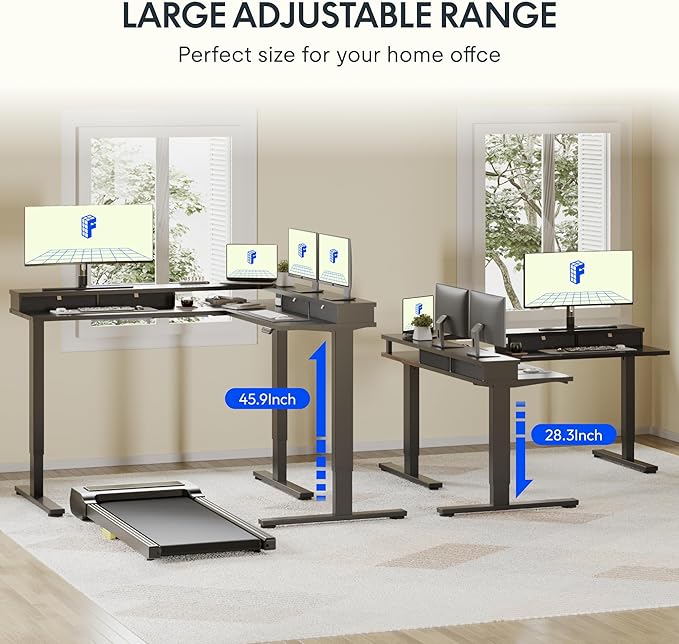 FLEXISPOT 63" L Shaped Standing Desk Electric Corner Table with Monitor Shelf, 4 Storage Drawers, Adjustable Computer Workstation for Home, Office, Game, Studio, Black Top + Black Frame