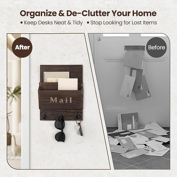 Lucundm Mail and Key Holder - Decorative 9.8" x 12.5" Wall Key Hanger with 2 Mail Organizer Slots and 3 Hooks - Real Paulownia Wood with Keyhole Brackets, Hardware and Instructions (Brown)