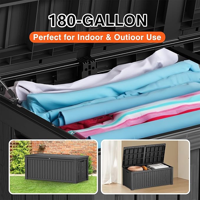 EasyUp 180 Gallon Deck Boxes Waterproof, Outdoor Large Storage Boxes with Lids, Outside Resin Storage Box & Deck Boxes for Patio, Garden Use(Black)