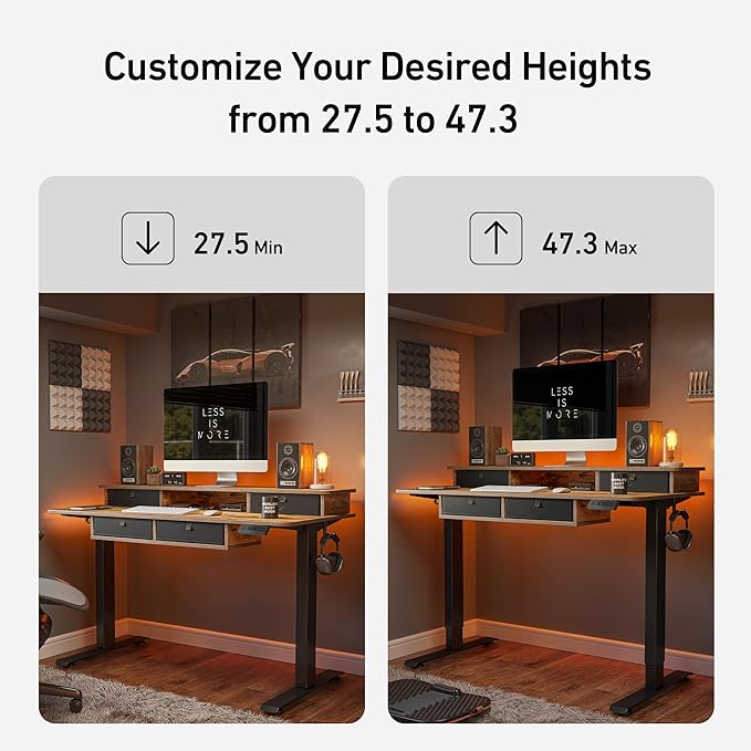 FEZIBO 55'' x 30'' Electric Standing Desk with 4 Storage Drawers, Adjustable Height Computer Table with Monitor Shelf, Stand Up Desk for Study, Gaming, Workstation, Rustic Brown Top