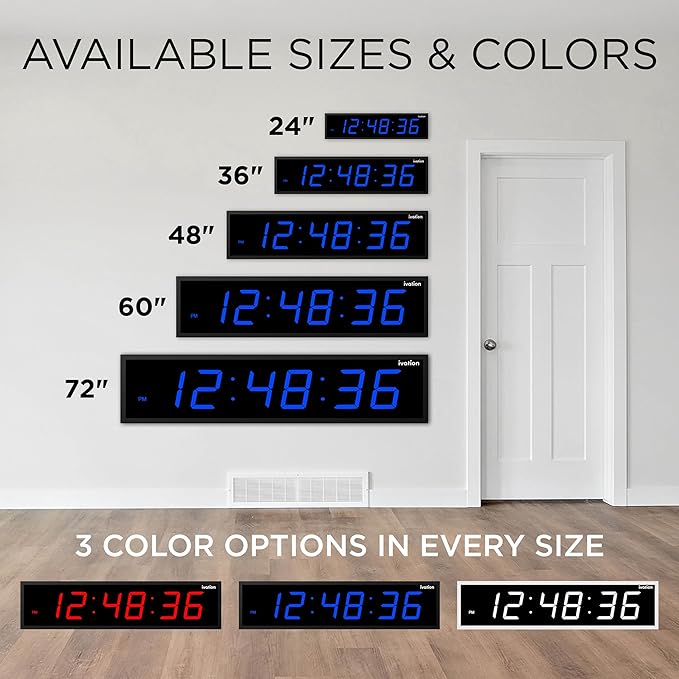 Ivation Huge Oversized 72" Large Digital LED Clock | Big Digital Clock w/Multi-Function Display – Stopwatch, Timer, Alarms, Temp & Date | 6 Brightness Levels, Time Memory & Remote (Blue)