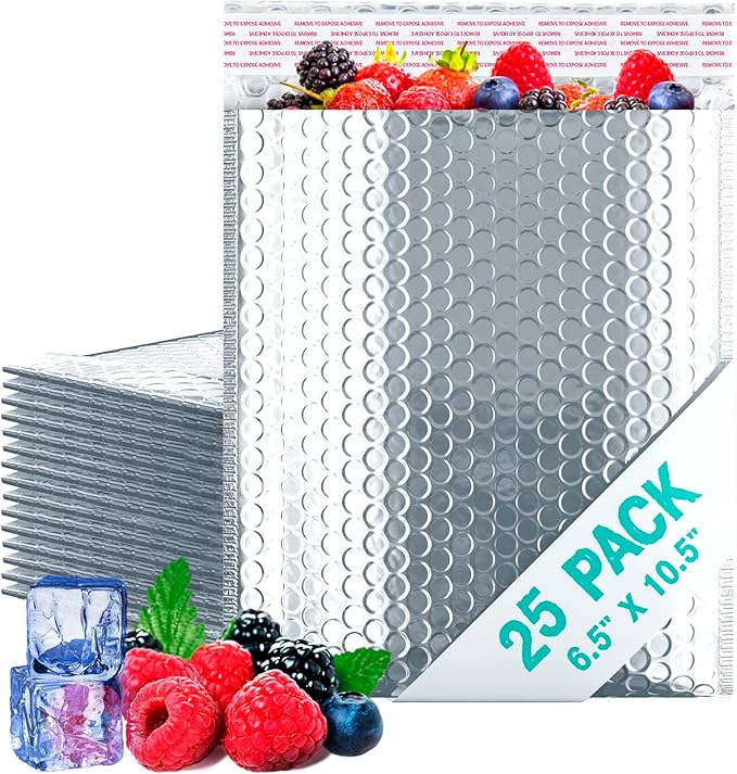 Amiff Silver Thermal Bubble Mailer, 6.5 x 10.5 Inches. 25 Pack Metallic Bubble Mailers. Self-Seal Insulated Mailers for Cold Shipping. Padded Envelopes Waterproof. Thermal Bag for Food, Cosmetics