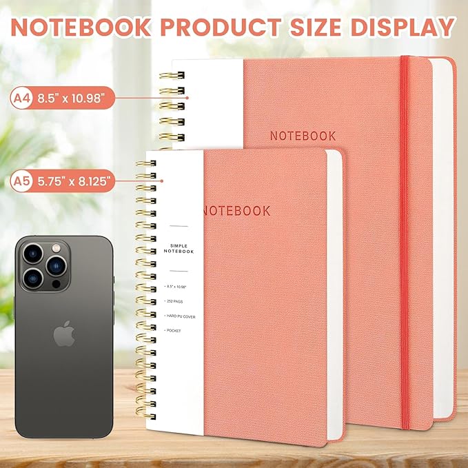 Oneirom Spiral Notebook - 8.5 x 10.98 Inch Large Hard Cover Notebook with Elastic Band & Pocket, 252 Pages, Lay Flat Wirebound Journal for Work, School, Planning & Note Taking Pink
