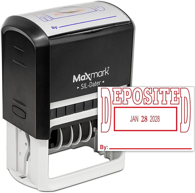 MaxMark Large Self-Inking Rubber Date Office Stamp with Deposited Phrase & Date - Red Ink, 12-Year Band - Style 5