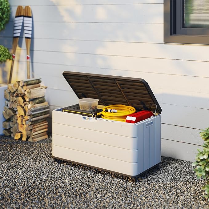 PATIOEASY 100GAL Square Storage Box (With Wheels) White，Waterproof Resin Storage Bin for Patio Cushions，Accessories，UV Resistan