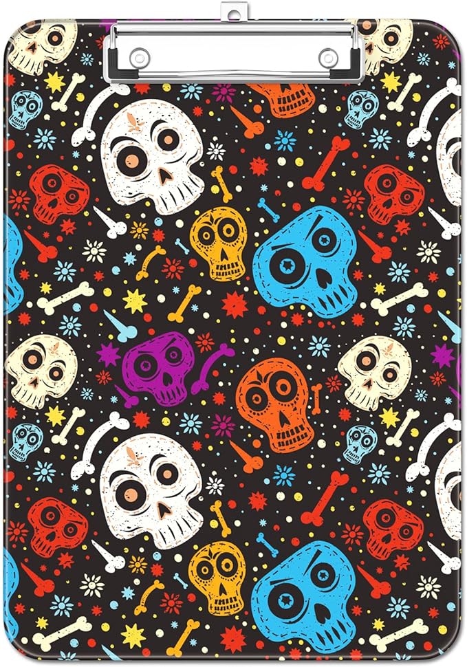 Luminzo Plastic Cute Clipboard Low-Profile Metal Clip, A4 Letter Size 9 x 12.5 in, 8.5 x 11 Paper Clip Board for Teachers, Nurses, Classroom,Cute Skulls