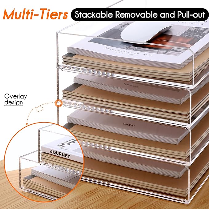 HeZone Paper Organizer, 2 Tier Stackable A4 Size Acrylic Letter Tray, Office/Home/School Organization - Clear
