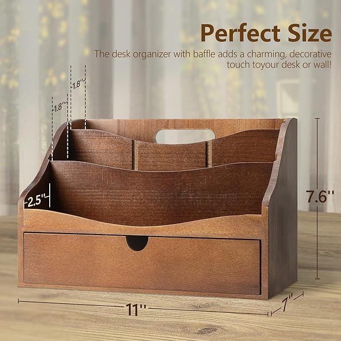 Rebee Vision Pine Wood Mail Organizer for Desk - Retro Farmhouse Mail Holder with Drawer & Dividers - 4-Slot letter paper & Jewelry Sorter, Countertop Mail Organizer for Office Decor(Brown)