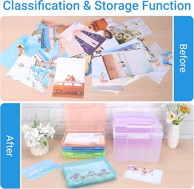 COSICS Photo Storage Box 5" x 7", Extra Large Transparent Plastic Photo Organizer Craft Keeper with 6 Colorful Inner Case for Cards, Pictures, Stamps, Stickers, Seeds, Office Supplies