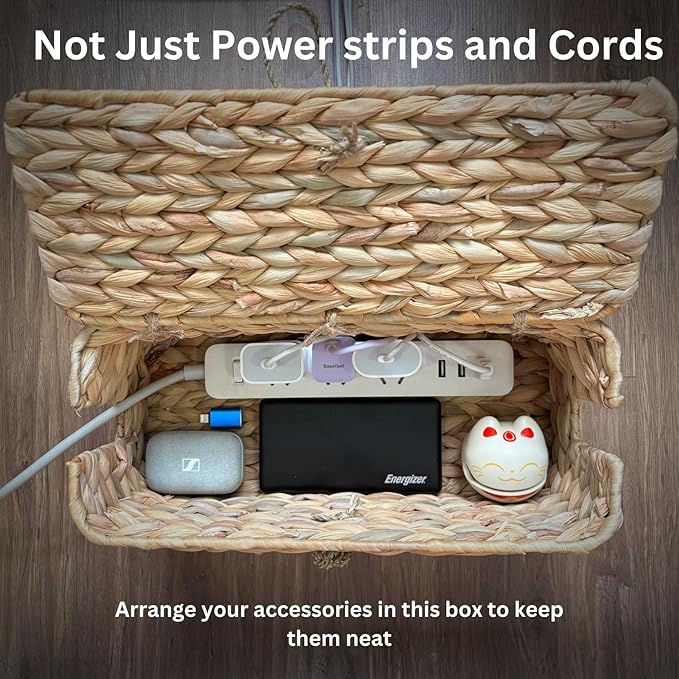BINH YEN HOME Wicker Cable Management Box with Lid, Set of 2 Handwoven Water Hyacinth Cords Hider Boxes for TV, Computer, Router, USB Hub to Hide Cords & Power Strip for Desk, Floor, Office