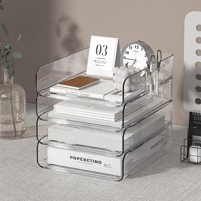 FANXIYQ 4-Tier Acrylic Paper Tray Organizer with Pen Holder | Clear Stackable Desk Organizer for Documents, Letters, A4 Paper | Modern Office/Classroom/Home Organization