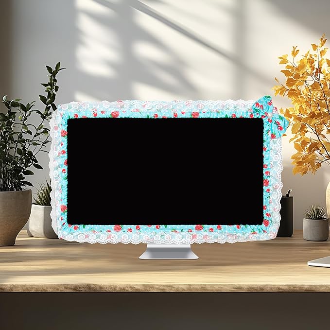 Kingshion 24-inch Cute Lace Fabric Monitor Cover with Elastic Pen Pocket & Bow-knot Design, Dust Protector for Computer/TV/LCD Screens - Blue