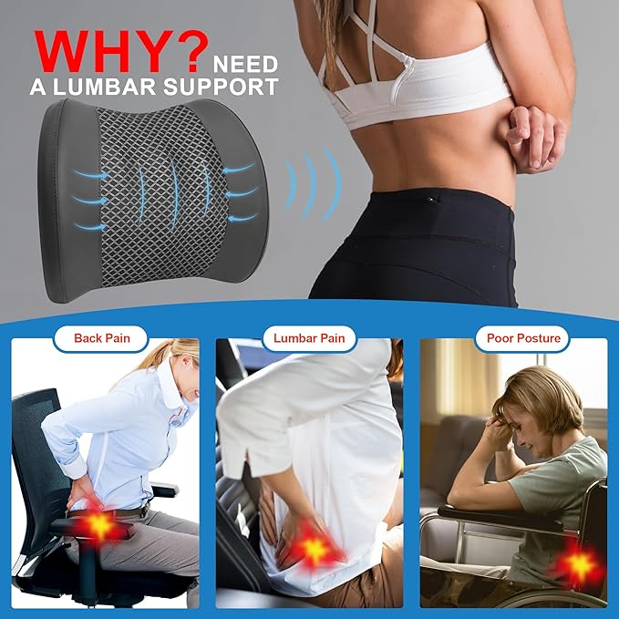 Lofty Aim Memory Foam Lumbar Cushion Provides Lower Back Pain Relief and Comfortable Support for Driving, Chair Support for Car-Office Chair, Wheelchair - Sleek Black