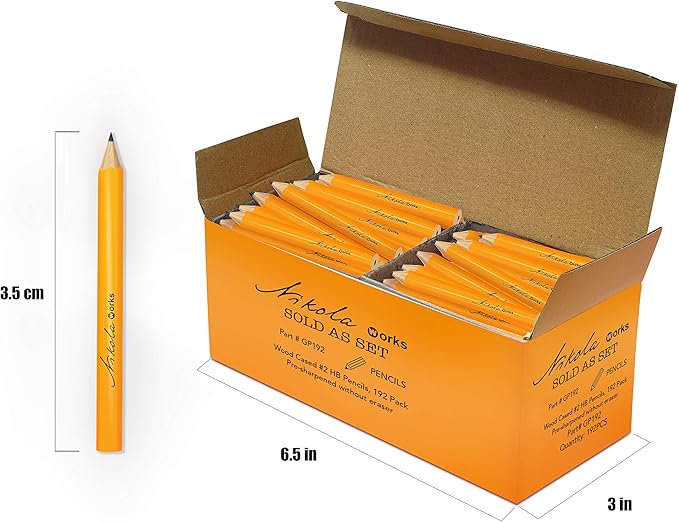 Nikola Works Mini Golf Pencils Without Erasers - 192 Count - Classic Pre-Sharpened #2 HB American Pew Pencils Standard Hex Shaped Bulk Pack