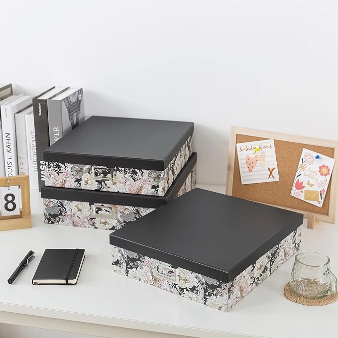 Soul & Lane Decorative Storage Boxes with Lids for Organizing, Set of 3 Floral Jumbo Scrapbook Letter Storage Boxes for Documents, Photos, Keepsakes, Memories, Garden Noir