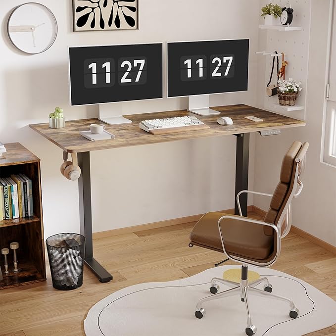 FLEXISPOT One-Piece Electric Standing Desk, 55 x 28 Inches Adjustable Desk with Seamless Desktop, Memory Controller Height Adjustment (Black Frame + Rustic Brown Desktop, 2 Packages)