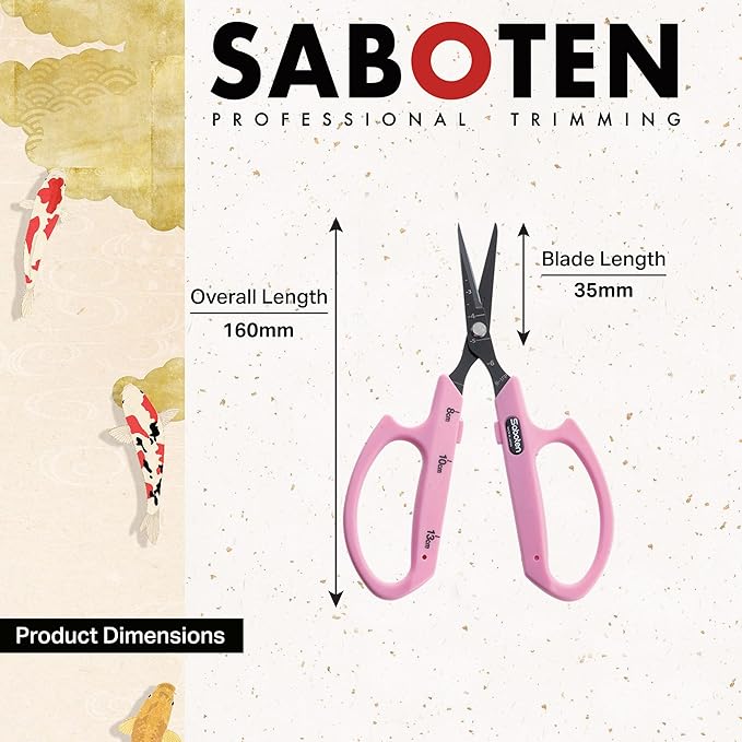 Saboten Fluorine Coated Straight Blade Trimming Scissors Pink PT-1 160mm Precision Gardening Bonsai and Floral Shears Made in Japan