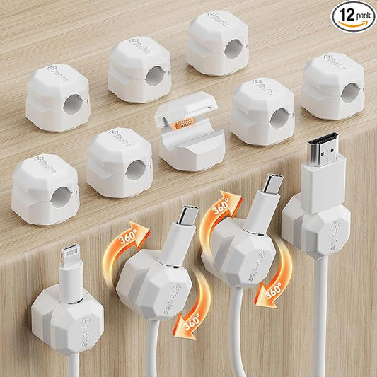 12 Pack Rotatable Cable Clips,Spring Cord Organizer Desk Cable Management Cord Holder Adhesive Phone Charger Cord Clips for Home Office Car Wall Nightstand Accessories White