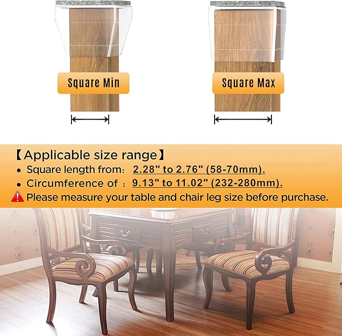 Square Chair Leg Protectors for Hardwood Floors,16 Pcs Silicone Felt Furniture Legs Caps to Prevent Floor from Scratches and Reduce Noise, Easy to Move, (Fit: 2.25" -2.75" Clear).