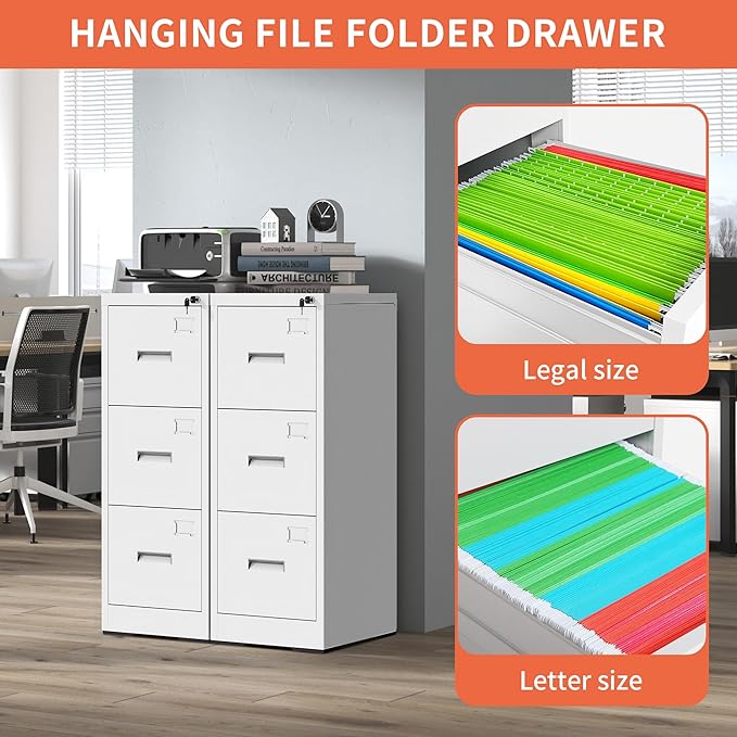 OPTYMIRA 3 Drawer Metal File Cabinet with Lock,White Steel Filing Cabinets Heavy Duty Locking Vertical File Cabinet Home Office Storage Cabinet for Legal/Letter Size File,Assembly Required
