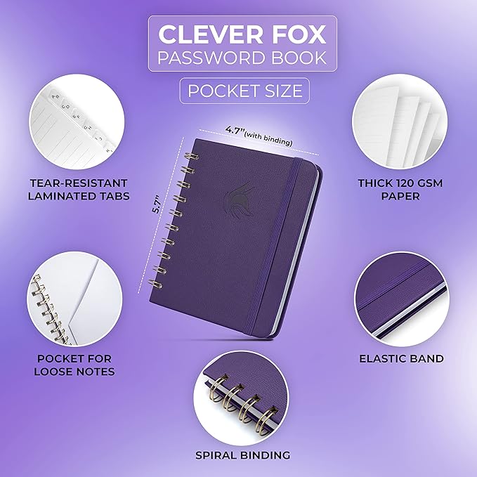 Clever Fox Password Book Spiral – Mini Internet Address & Password Organizer with Laminated Alphabetical Tabs – Small Password Keeper Journal – Hardcover, Pocket Size, 4.7x5.7” (Purple)