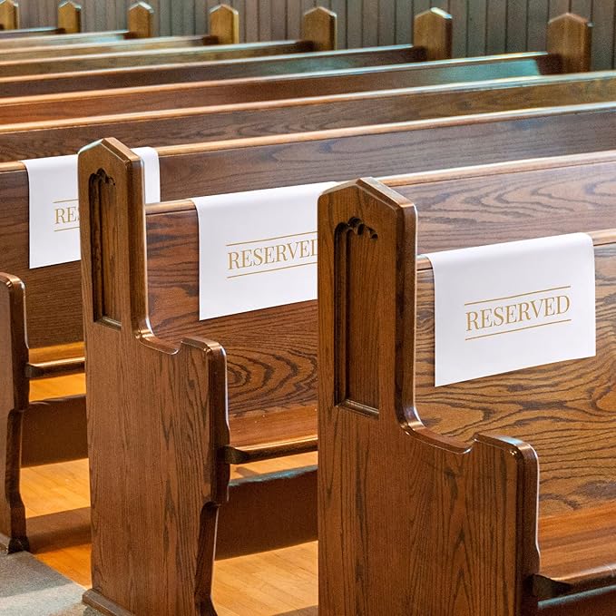 Buryeah 12 Pcs Reserved Seating Signs for Chairs Church Pew Reserved Chair Signs Placeholder with Printed Words for Weddings Parties Celebrations Receptions Church or Event (White,Gold)